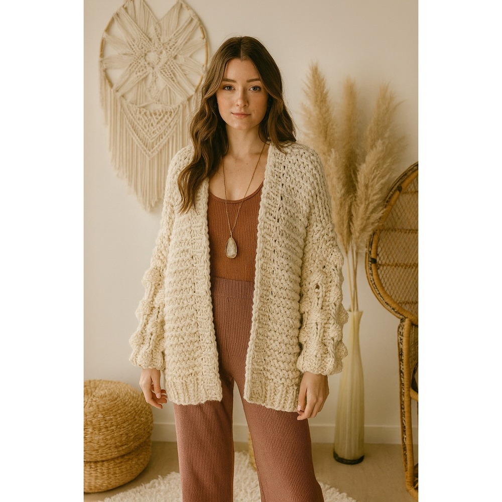 Boho Cozy Chunky Knit Fisherman Thick Popcorn Sleeves S‎ Oversized Ivory Sweater